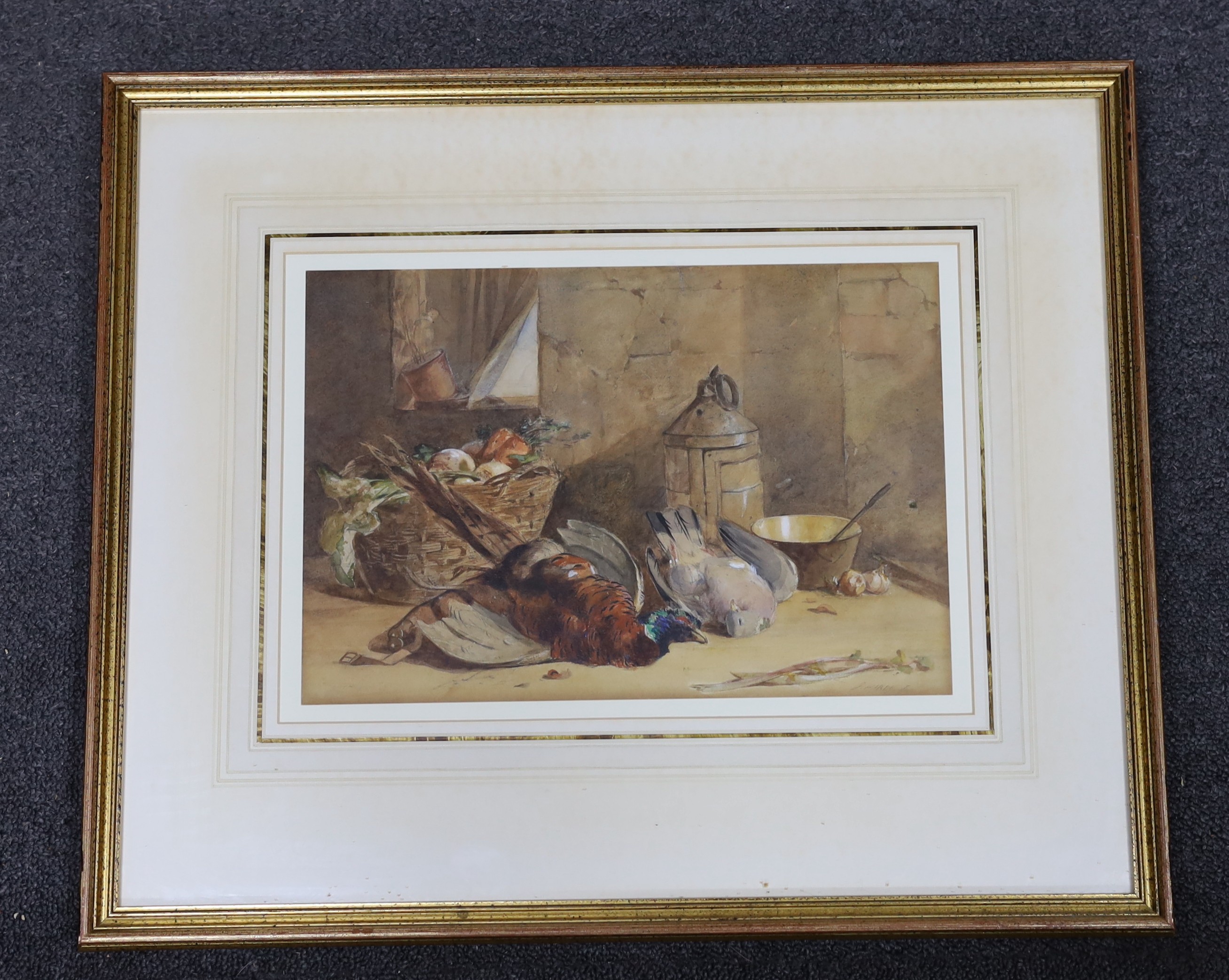 James Hardy Jnr (1832-1889), watercolour, Still life study of dead game and fruit, signed, 21 x 31cm.